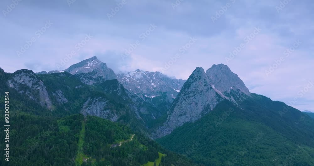 Aerial view of Zugspitze on foggy morning Aerial view of Zugspitze on foggy morning