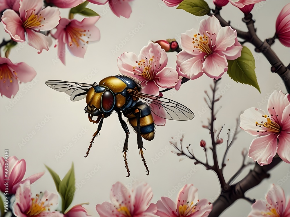 Obraz premium Ultra high resolution image of a small Japanese insect on a delicate, intricately designed flower in a tattoo style, set against a pristine white background, featuring vibrant, soft pink cherry