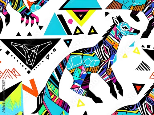 vibrant 2D drawing featuring a diverse ensemble of animals, each composed of geometric shapes, lines, and patterns in a harmonious blend of modern art and zoological wonder, with bold lines