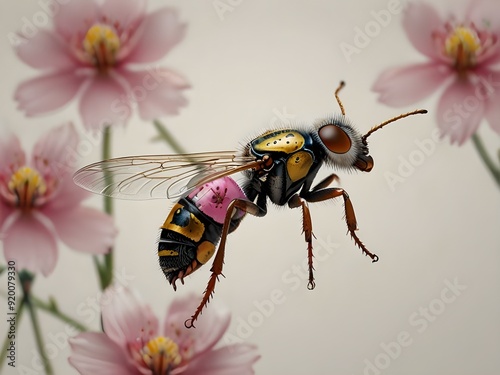 Ultra high resolution image of a small Japanese insect on a delicate, intricately designed flower in a tattoo style, set against a pristine white background, featuring vibrant, soft pink cherry