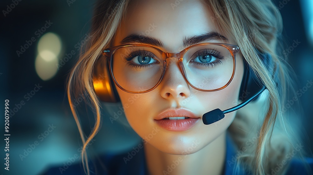Close up portrait of a young blonde woman wearing glasses and headset. Close up portrait of a young blonde woman wearing glasses and headset.