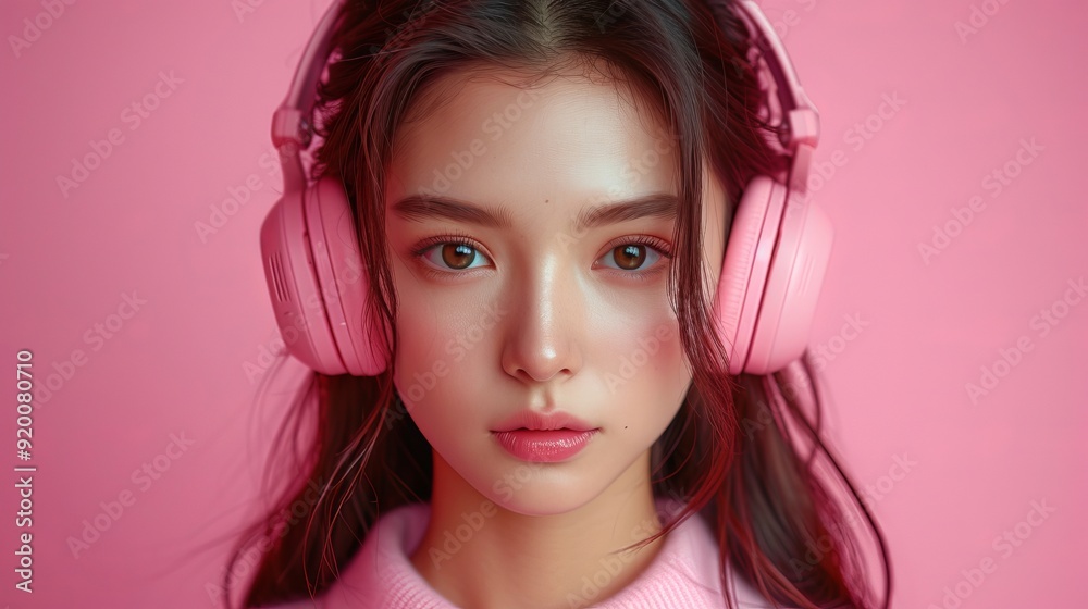 ヘッドフォンを付けた美しい女性の顔クローズアップ,Generative AI AI画像 ヘッドフォンを付けた美しい女性の顔クローズアップ,Generative AI AI画像