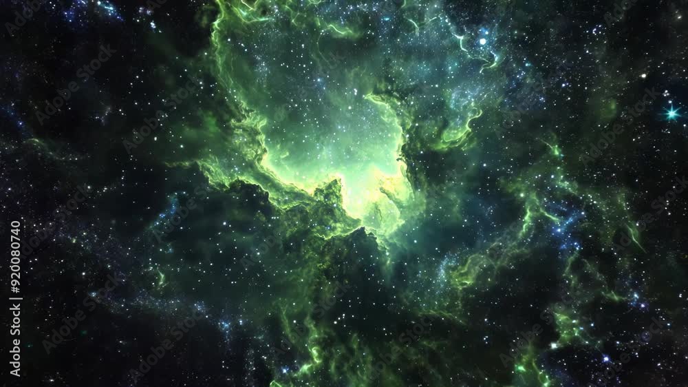 Ethereal green nebula expands in cosmic void. Intricate patterns of glowing gas and stardust form celestial formation. Stars twinkle in background, creating mesmerizing cosmic landscape. Ethereal green nebula expands in cosmic void. Intricate patterns of glowing gas and stardust form celestial formation. Stars twinkle in background, creating mesmerizing cosmic landscape.