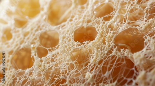 The closeup of a sliced loofah reveals its inner layers consisting of a meshlike structure perfect for scrubbing. photo