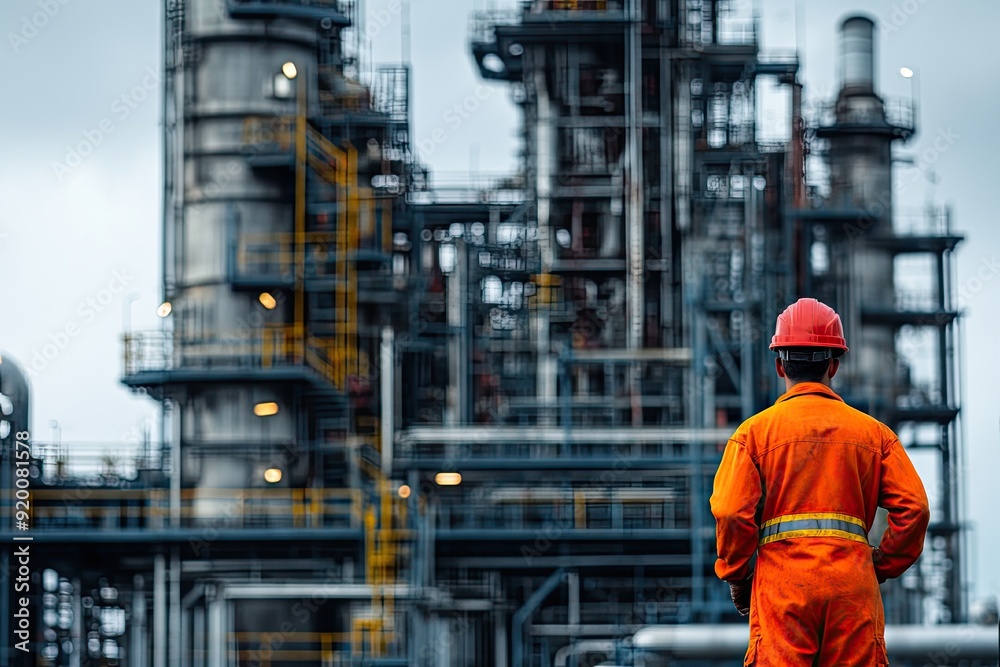 A man in an orange jumpsuit stands in front of a large industrial plant. The plant is a petroleum refinery, and the man is a worker. Concept of industry and hard work A man in an orange jumpsuit stands in front of a large industrial plant. The plant is a petroleum refinery, and the man is a worker. Concept of industry and hard work