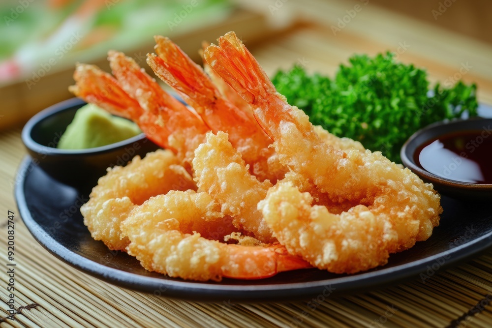 A plate of tempura shrimp with a side of soy sauce and wasabi A plate of tempura shrimp with a side of soy sauce and wasabi