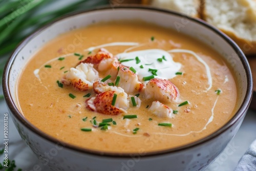 Lobster bisque soup with cream and chives