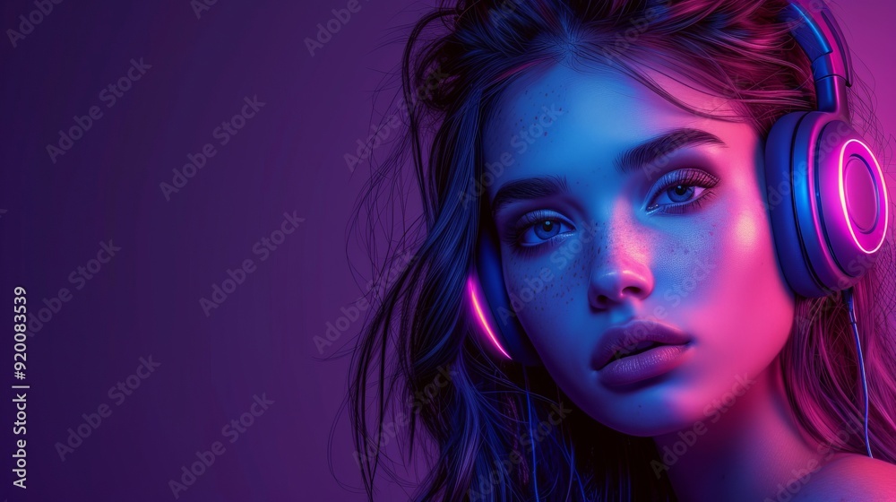 Fototapeta premium ヘッドフォンを付けた美しい女性の顔クローズアップ,Generative AI AI画像