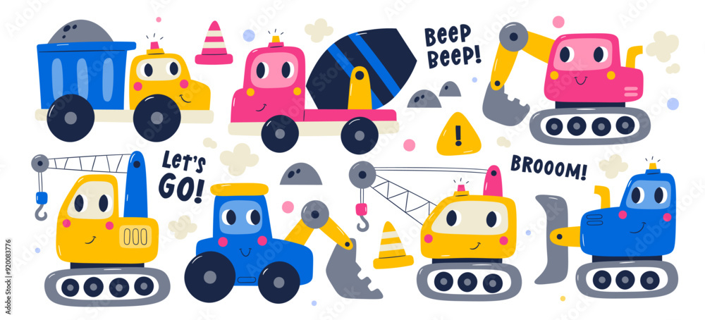 Cartoon kawaii heavy machinery cars childish construction vehicles with happy faces isolated set Cartoon kawaii heavy machinery cars childish construction vehicles with happy faces isolated set