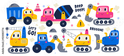 Cartoon kawaii heavy machinery cars childish construction vehicles with happy faces isolated set