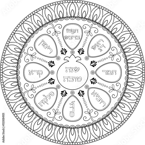 Jewish new year black outline dish plate illustration. Hebrew titles Apple in honey; fish head; date;