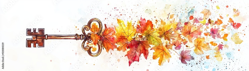 Fototapeta premium A vintage key surrounded by vibrant autumn leaves, symbolizing unlocking potential and nature's beauty in artistic colors.
