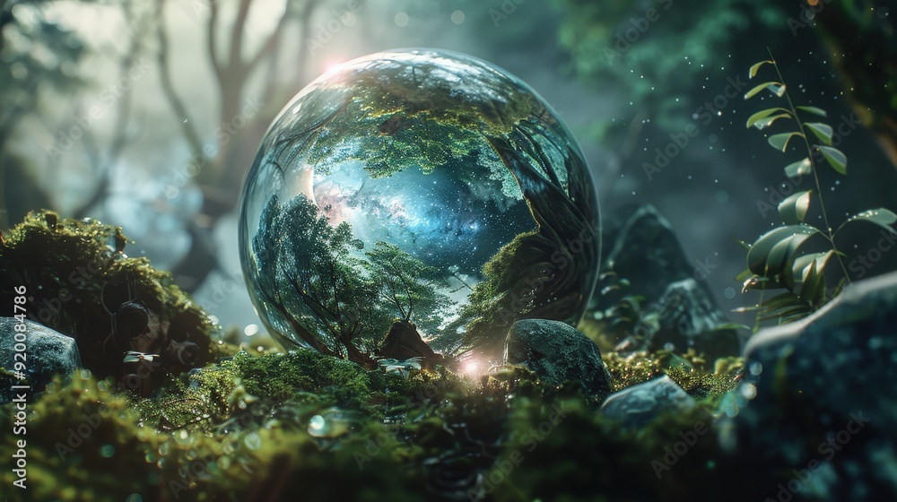 A cracked glass sphere depicting a galaxy, surrounded by a mystical forest. A cracked glass sphere depicting a galaxy, surrounded by a mystical forest.
