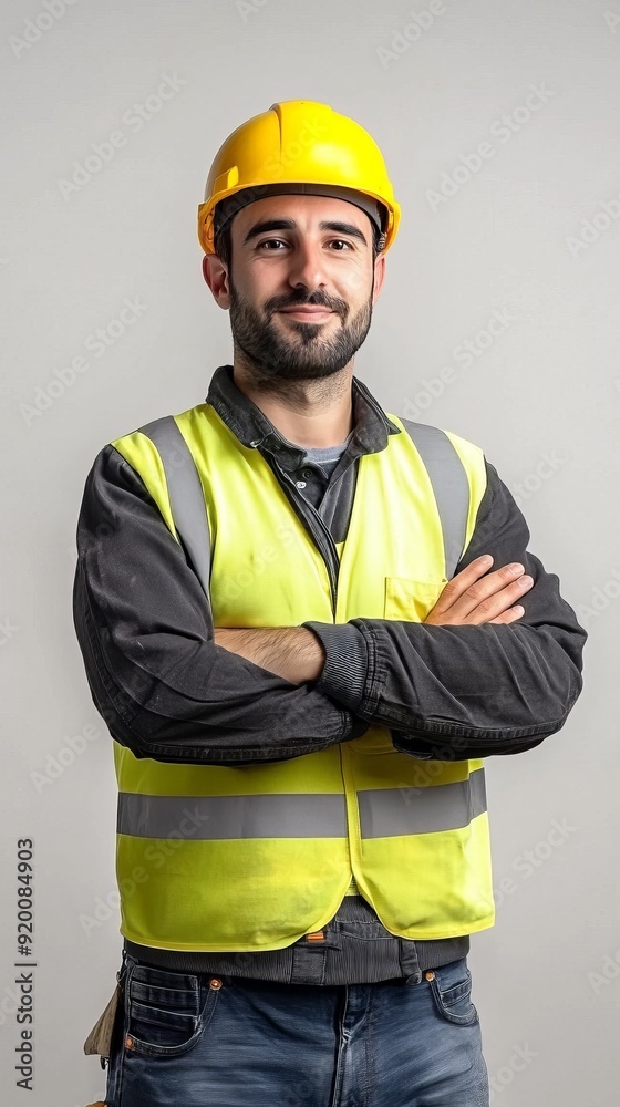front view male builder in uniform and yellow helmet on white wall front view male builder in uniform and yellow helmet on white wall