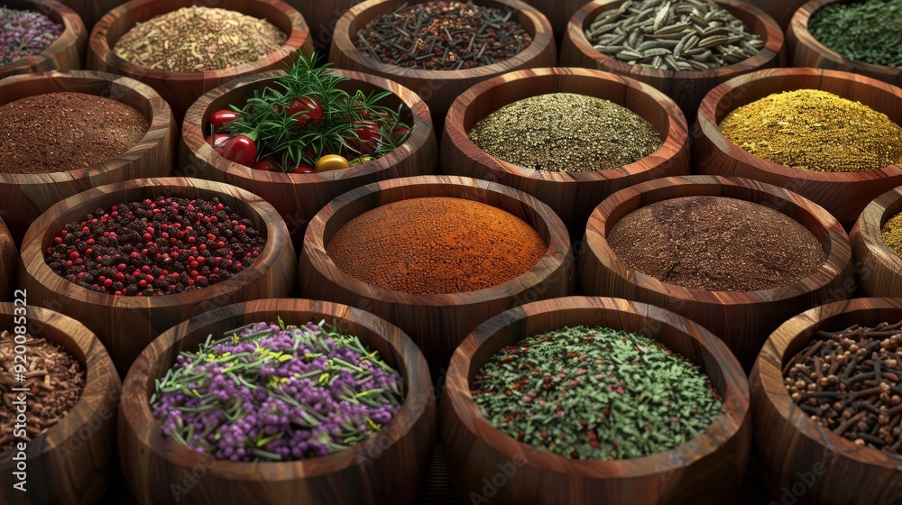 A selection of exotic spices in wooden bowls arranged in an artistic pattern. A selection of exotic spices in wooden bowls arranged in an artistic pattern.