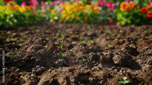 A surface of rich soil with vibrant flowers in the background.