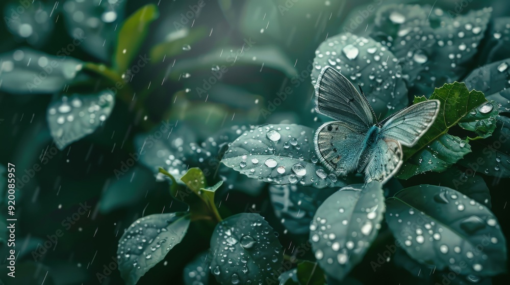 Close-up of delicate leaves in soft focus with raindrops and a gentle butterfly resting. Close-up of delicate leaves in soft focus with raindrops and a gentle butterfly resting.
