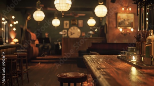 Empty bar with wooden countertop, dim hanging lanterns, jazz band playing in background.