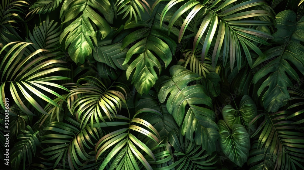 Lush jungle leaves intertwined with shimmering strands of silver thread.
