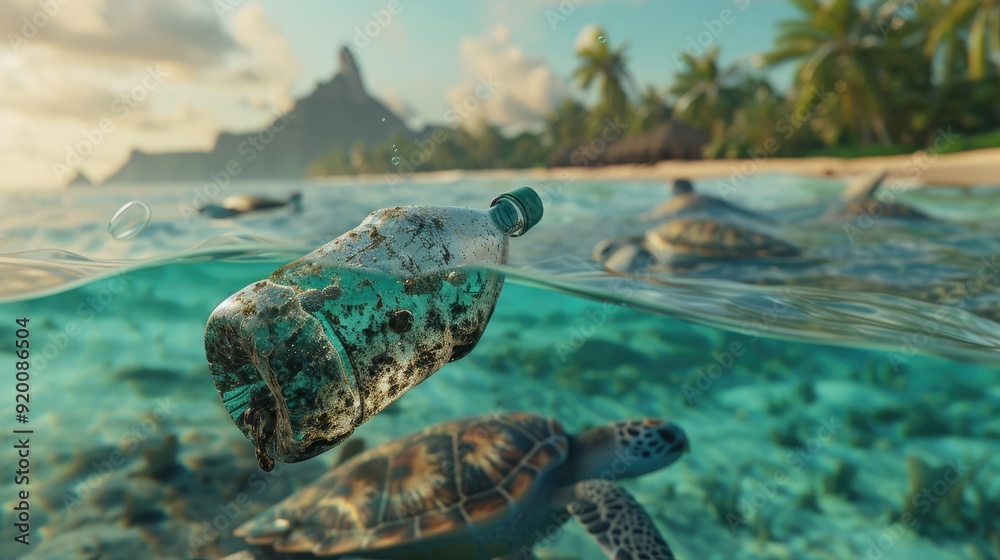 Obraz premium Plastic bottle floating in the ocean, sea turtles swim below, a beach in the background.