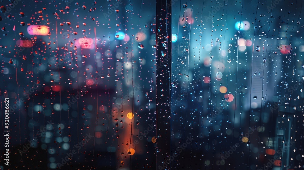 Fototapeta premium Raindrops on a windowpane with faint reflections of city lights.