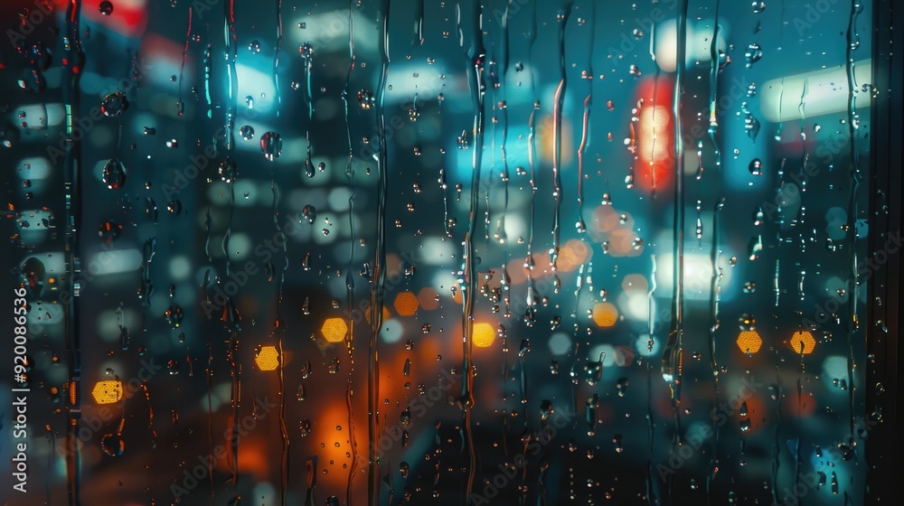 Obraz premium Raindrops on a windowpane with faint reflections of city lights.