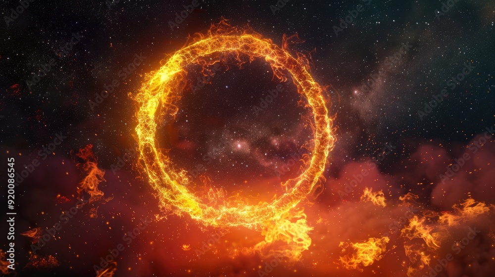 Ring of flames with smoke swirling, set against a night sky filled with stars.