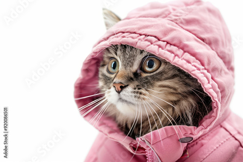 A fluffy cat wearing a pink hooded jacket poses cutely against a white background, perfect for pet lovers and fashion enthusiasts. photo