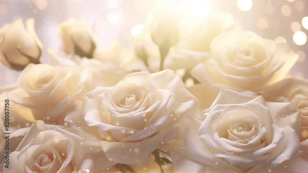 White roses bloom gracefully, illuminated by gentle light, creating a tranquil atmosphere filled with beauty and elegance, light bokeh