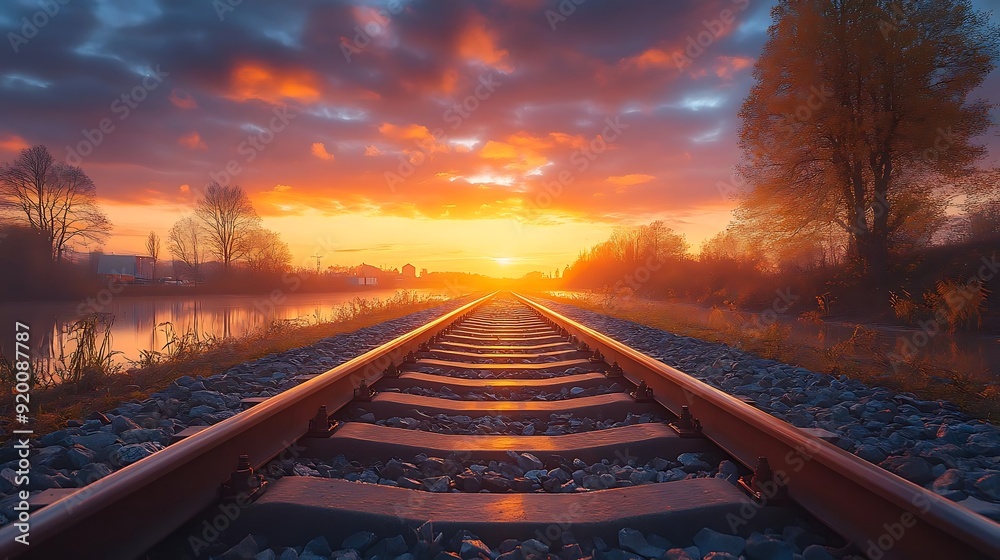 Fototapeta premium Sunrise Railroad Tracks - Scenic Landscape Photo