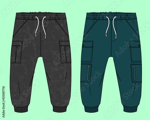 Boys terry fleece cuff jogger black and teal colour acid wash jogger flat sketch outline vector fashion illustration template. 