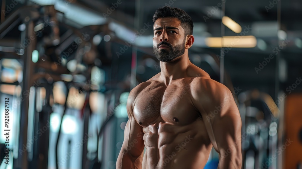 Muscular Man Posing in a Gym with a Serious Expression