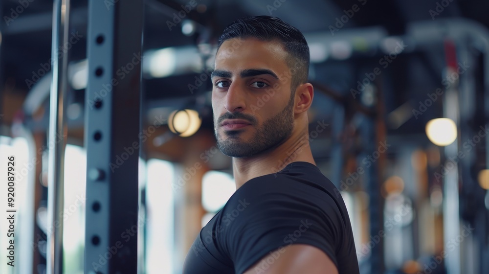A Muscular Man Looking Over His Shoulder in a Gym A Muscular Man Looking Over His Shoulder in a Gym