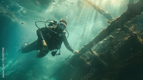 Wallpaper Mural Underwater Diver Exploring Sunbeams Through Shipwreck Torontodigital.ca
