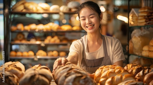 A Baker Smiles While Arranging Freshly Baked Bread