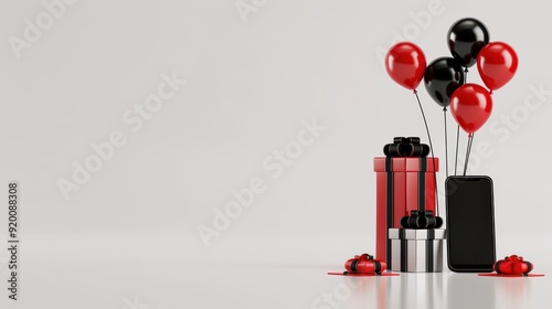 Red and Black Gift Boxes with Balloons and a Smartphone