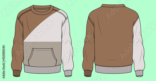 Boys and men's terry fleece drop shoulder crew neck colour block sweatshirt flat sketch outline vector fashion illustration template.