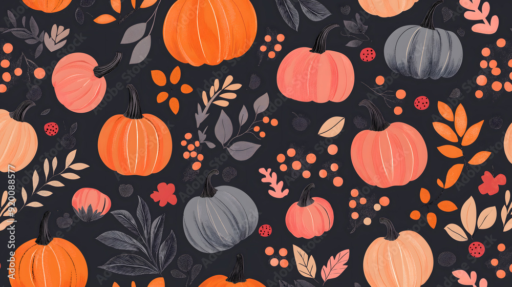 Playful and colorful autumn-themed seamless pattern featuring pumpkins and leaves. Playful and colorful autumn-themed seamless pattern featuring pumpkins and leaves.