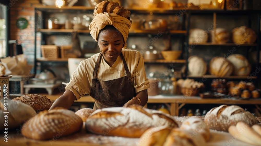 A Baker Arranging Freshly Baked Bread in a Bakery A Baker Arranging Freshly Baked Bread in a Bakery