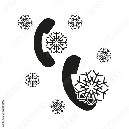 Winter call icons. Snowflake phone vector. Black and white design. Seasonal communication symbols.