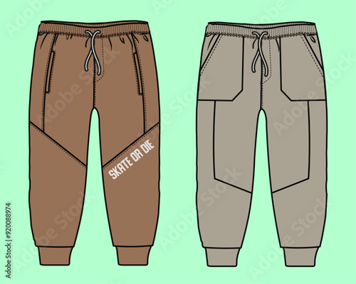 Boys winter terry fleece sports ecru and brown cuff jogger flat sketch outline vector fashion illustration template.