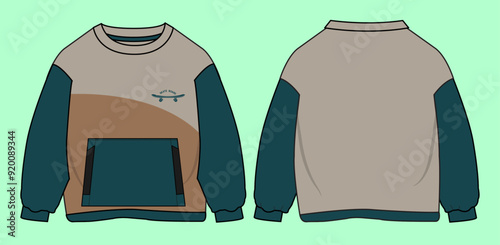 Toddler Boys long sleeve drop shoulder terry fleece colour block crew neck sweatshirt flat sketch outline vector fashion illustration template. 