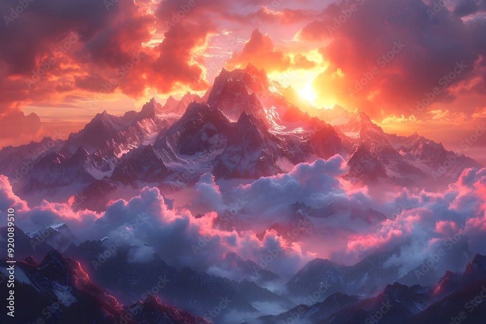 Captivating Fiery Sunset over Rugged Mountain Peaks in Breathtaking Scenic Vista Captivating Fiery Sunset over Rugged Mountain Peaks in Breathtaking Scenic Vista