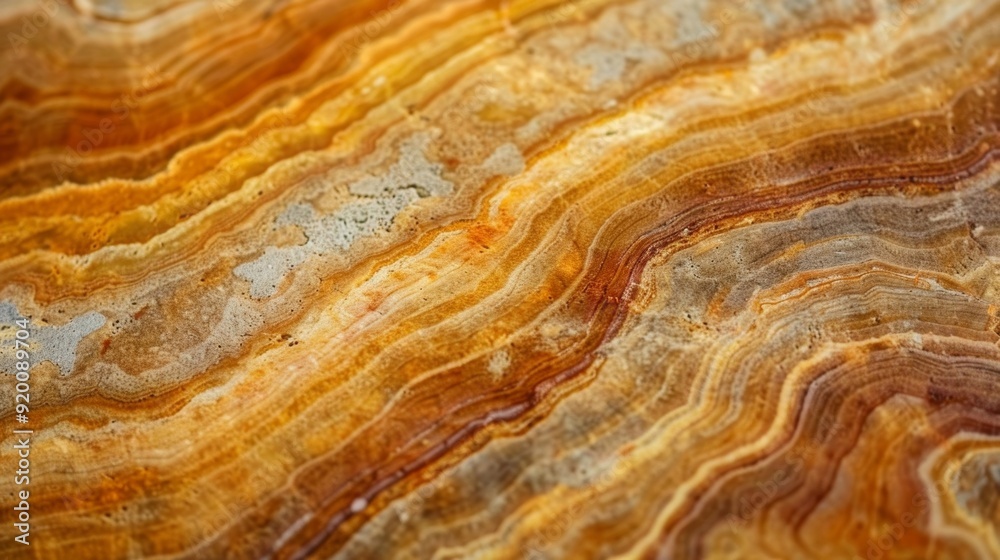 The upclose photo of a sandstone tile captures the natural striations and swirls in shades of rust and ochre evoking the feeling of an arid desert landscape. The upclose photo of a sandstone tile captures the natural striations and swirls in shades of rust and ochre evoking the feeling of an arid desert landscape.