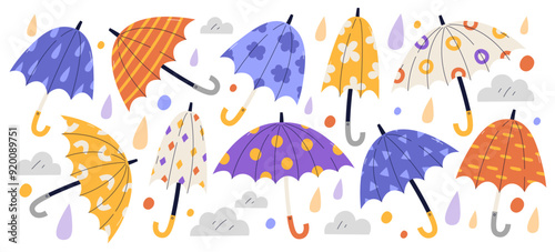 Cute cartoon umbrellas collection with different colorful pattern for rainy weather season