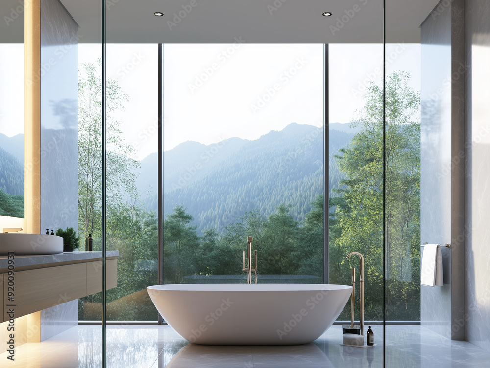Fototapeta premium Luxury minimalist bath room, two floor high ceiling. Mountain, forest view outside the window. Spacious bath tub.