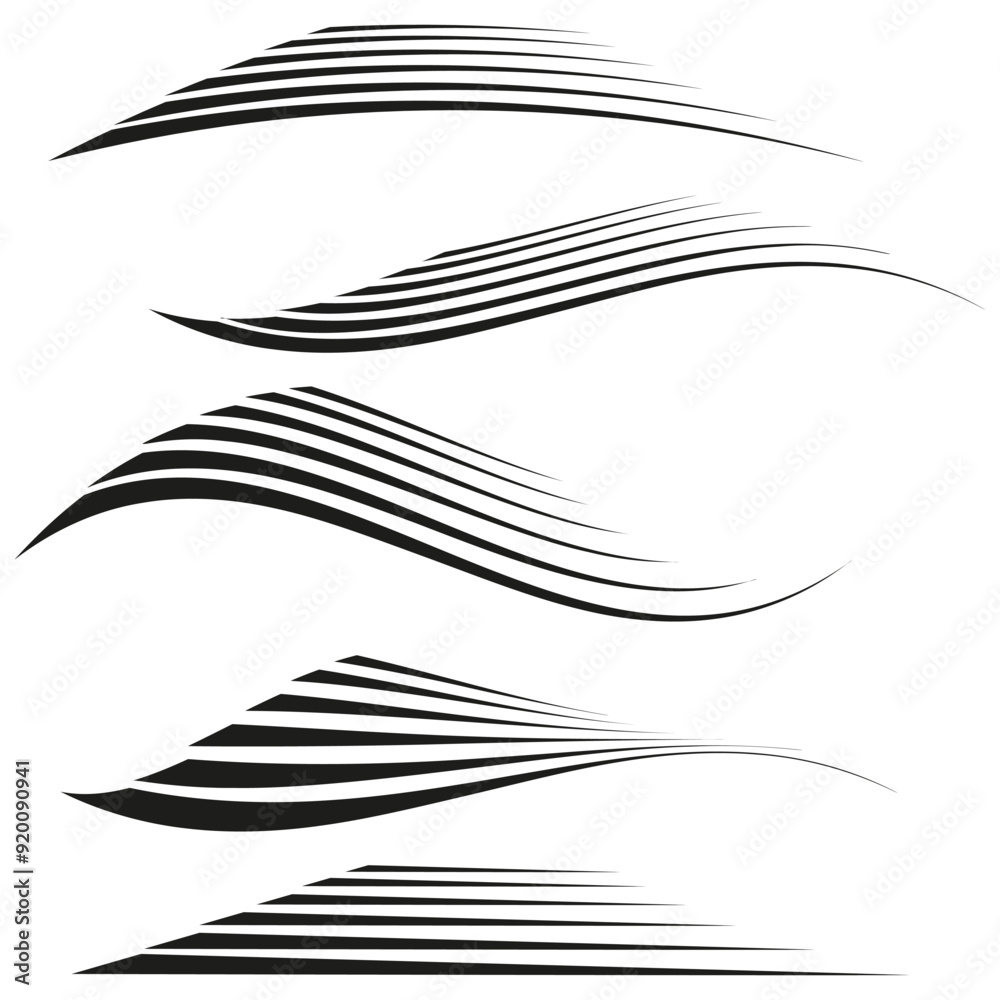 Curved speed lines. Dynamic vector stripes. Black and white design. Abstract motion elements. Curved speed lines. Dynamic vector stripes. Black and white design. Abstract motion elements.