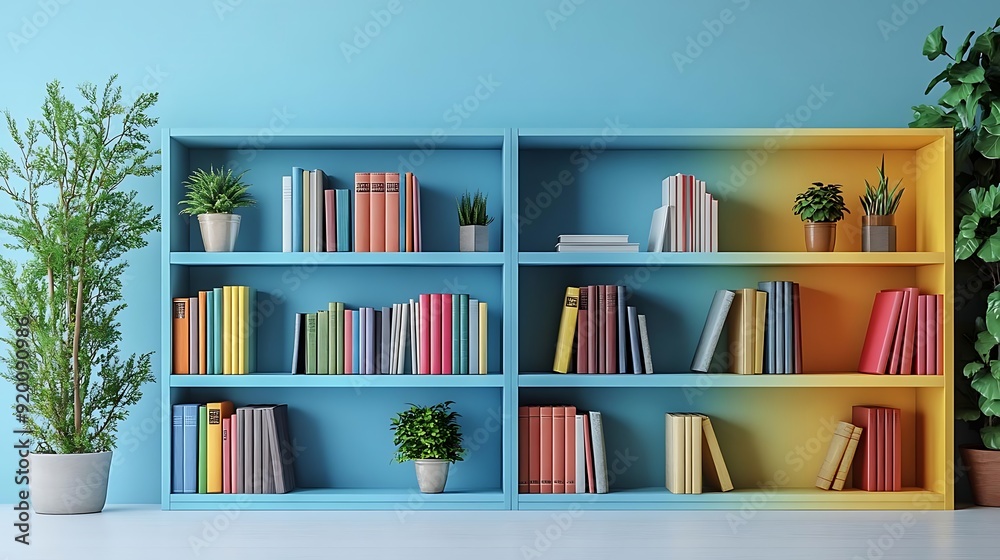 Blue and Yellow Bookshelf with Plants - 3D Illustration Blue and Yellow Bookshelf with Plants - 3D Illustration