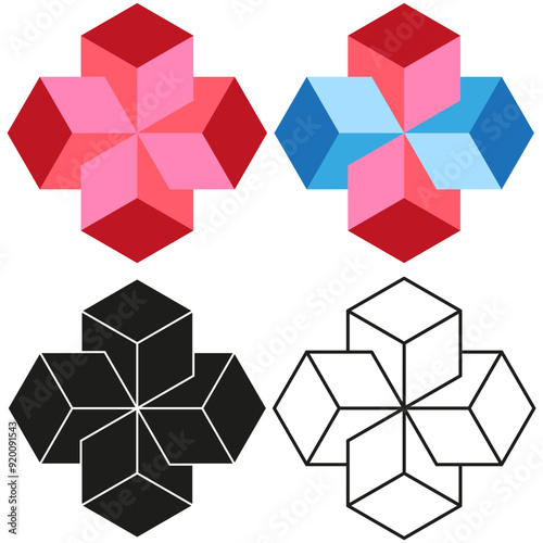 Set of geometric flower icons. Four different cube designs. Abstract vector illustration.