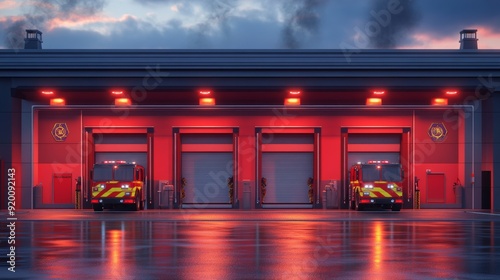 A fire station with a bold 3D front featuring firefighter motifs and emblems. 3d firefighter. Illustrations